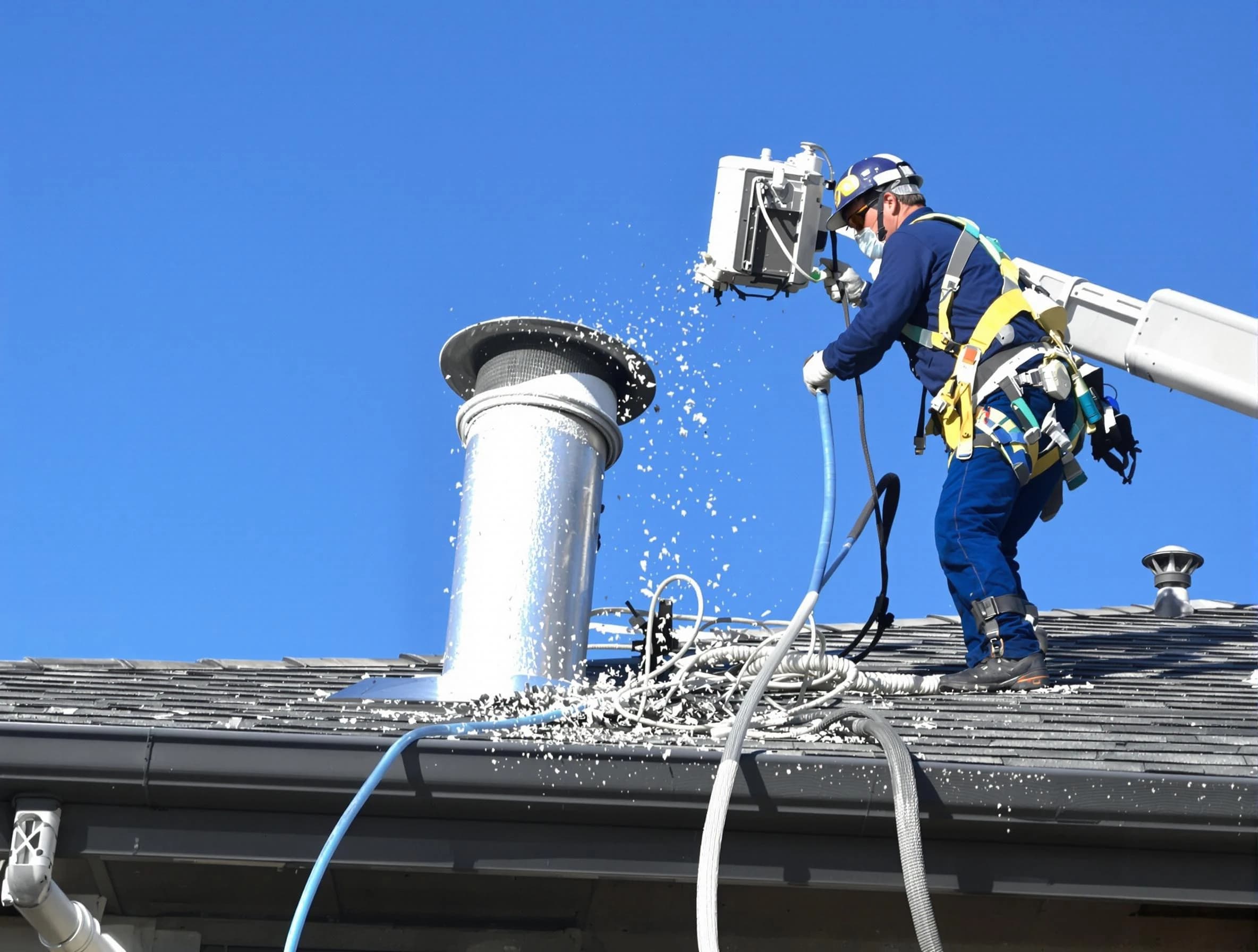 Economy Dryer Vent Cleaning certified technician safely cleaning a roof-mounted dryer vent in Economy