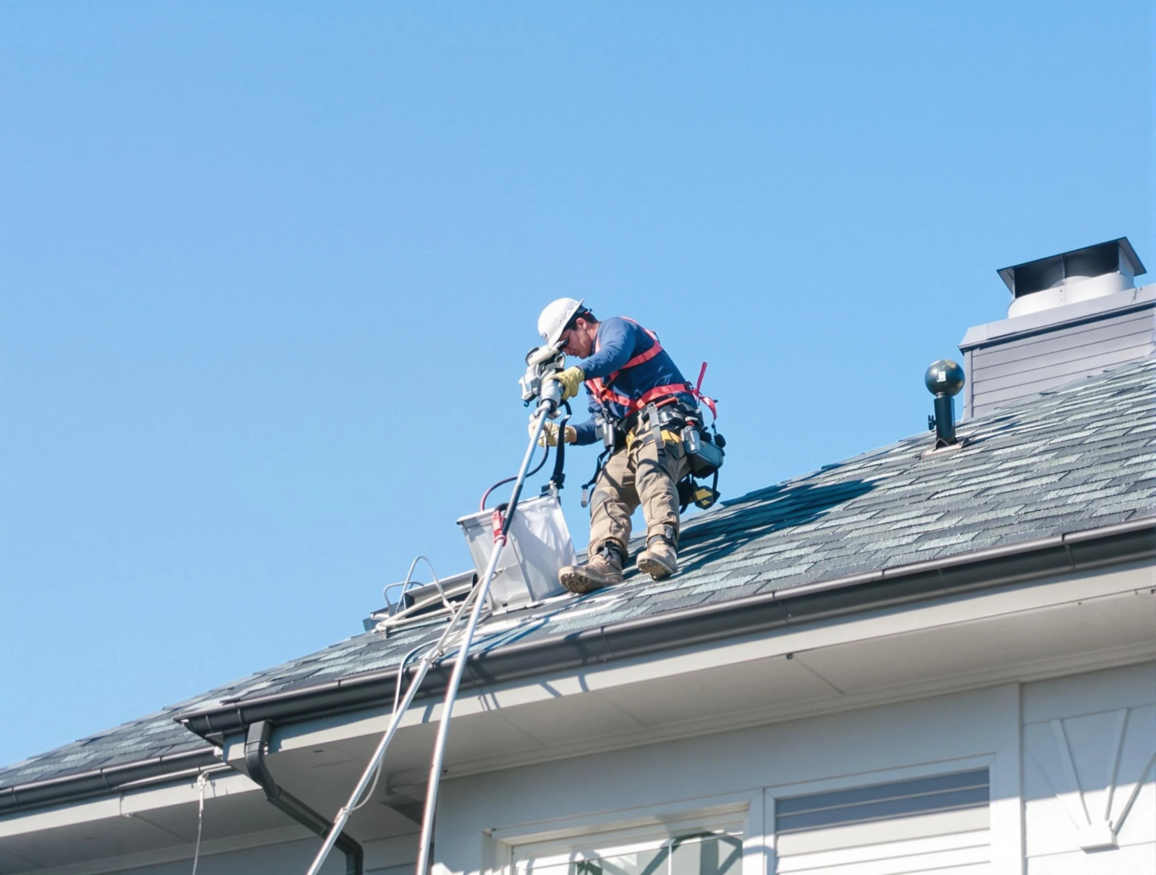 Economy Dryer Vent Cleaning certified technician cleaning a roof-mounted dryer vent system in Economy