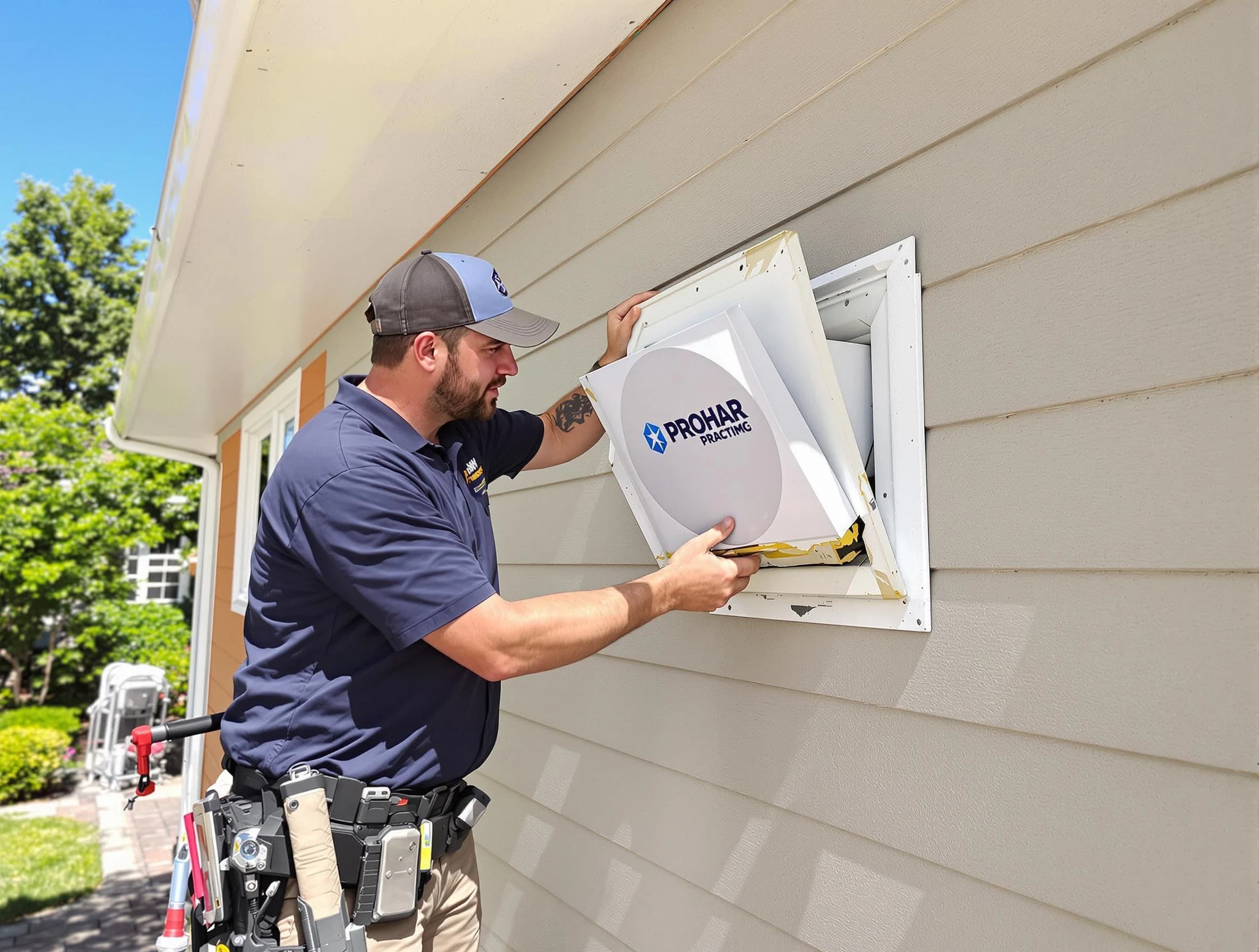 Economy Dryer Vent Cleaning technician installing a new protective dryer vent cover on a home in Economy