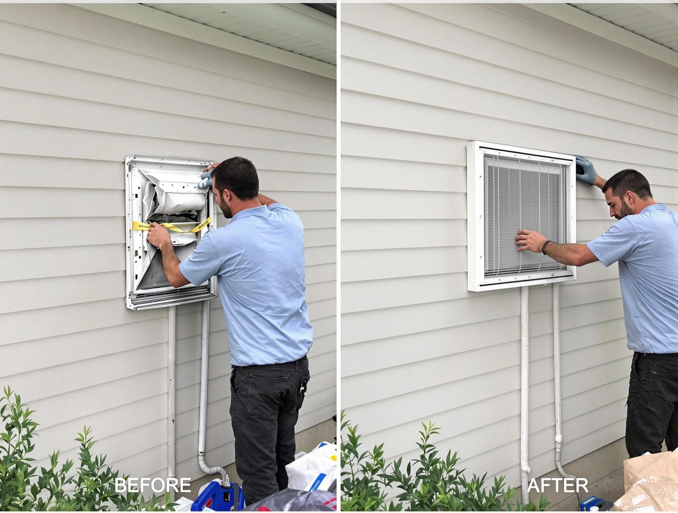 Economy Dryer Vent Cleaning technician installing high-quality dryer vent cover at a residential property in Economy