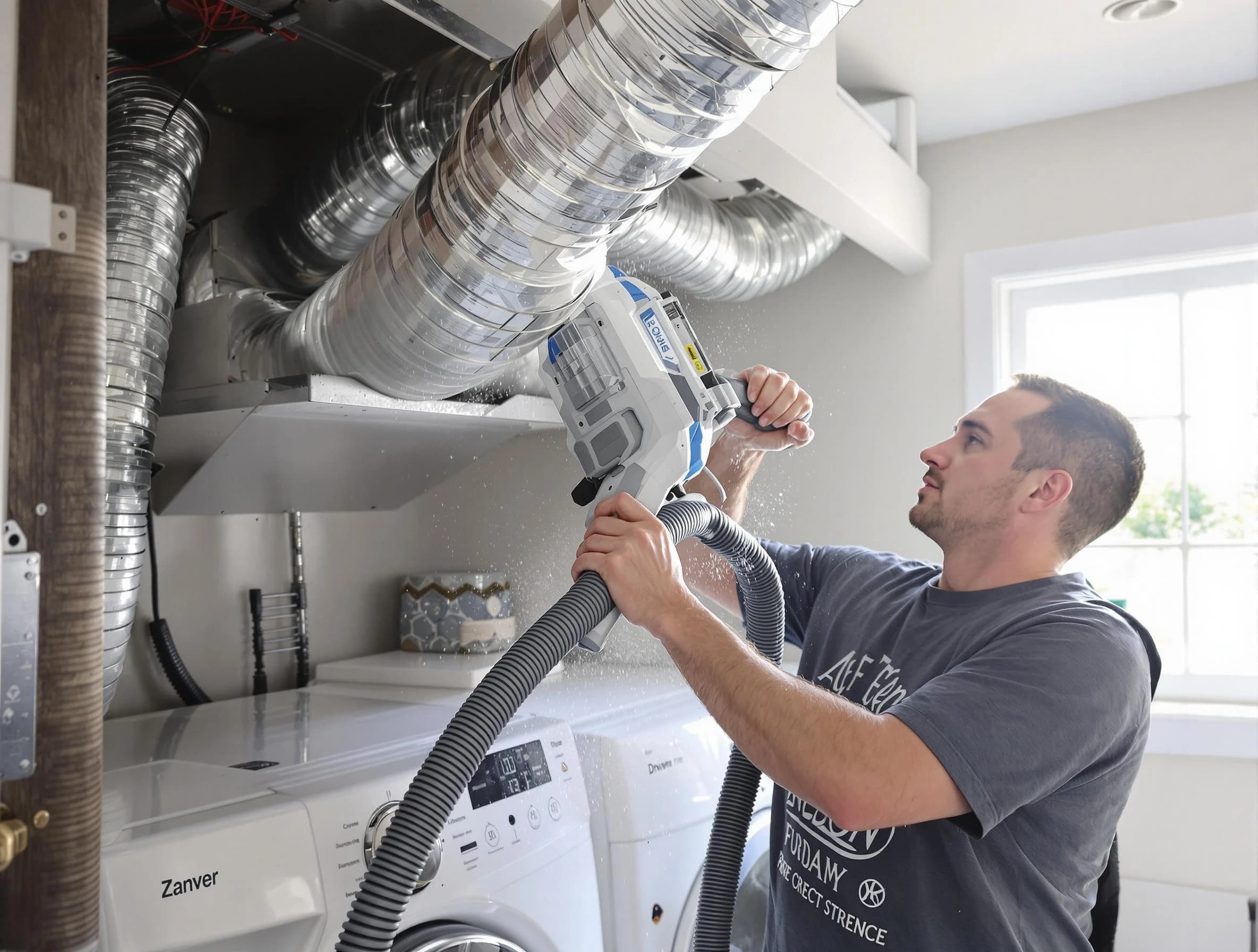Economy Dryer Vent Cleaning specialist cleaning deep within a dryer vent duct system in Economy