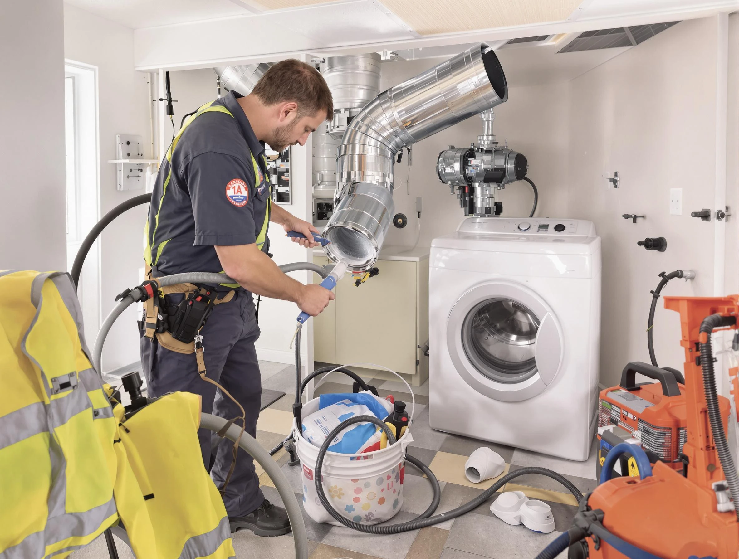 Economy Dryer Vent Cleaning technician using specialized equipment to clear severe dryer vent blockage in Economy