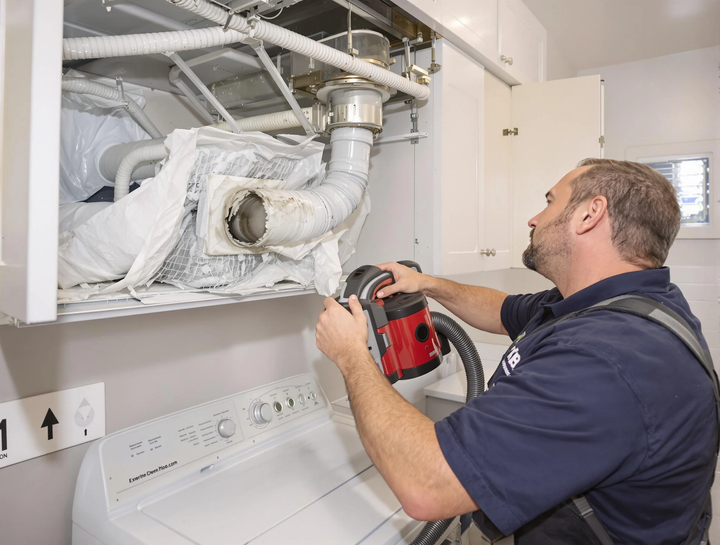 Economy Dryer Vent Cleaning technician performing professional exhaust vent cleaning at a residential property in Economy